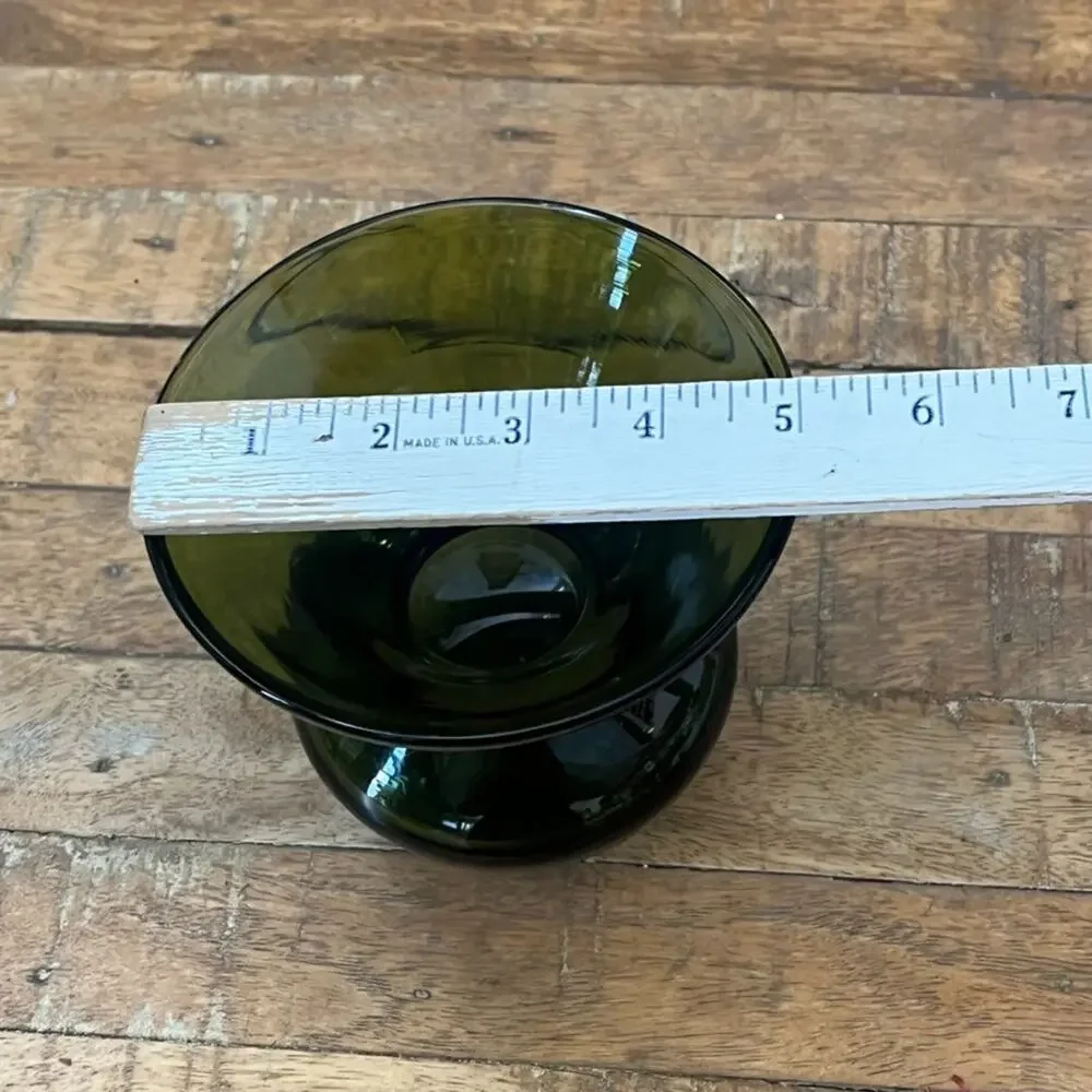 Vintage Mid-Century Hand Blown Green Spittoon Glass Vase Bulbous Wide Mouth